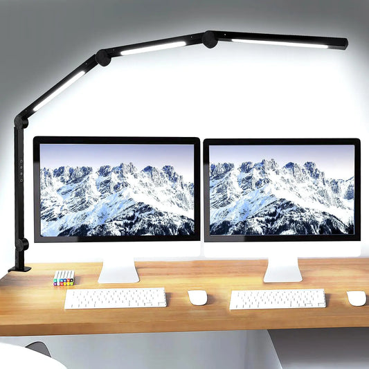 LED Desk Lamp with Clamp Flexible 4 sections Swing Arm Three light sources desk light, 4 Color Modes & 5 Brightness