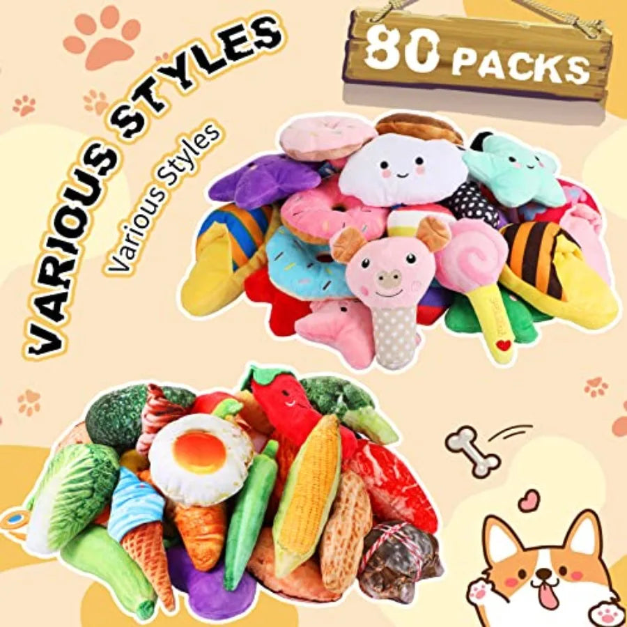 80 Pcs Christmas Dog Toys Squeaky Plush Chew Toys for Medium Small Puppies Bulk Gift Set with Squeakers Cute Style Teething Rel