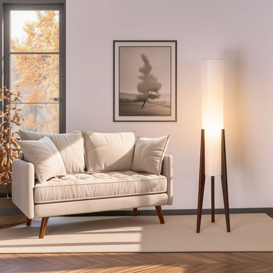 Fabric Floor Lamp Wood Finish Tripod, Cylinder Shade Tall Standing Lamp, Rustic Living Room Floor Lamp, Vintage Style Standing L